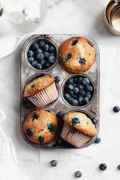 four blueberry muffins in a muffin tin with fresh blueberries on the side