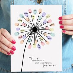 a woman holding up a card with a dandelion on it that says, teachers plant seeds that grow
