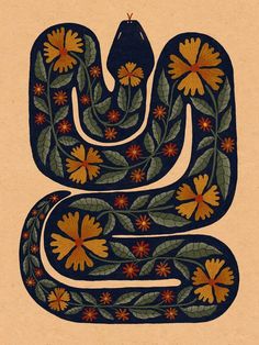 an intricately decorated snake with flowers and leaves