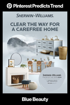 an advertisement for blue beauty featuring furniture and accessories