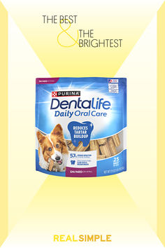 an advertisement for dentalife daily oral care with a dog in the background and text that reads