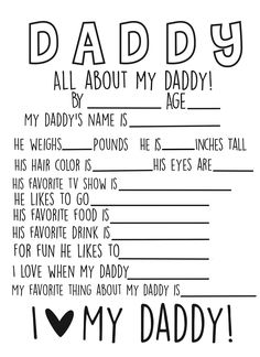 "Let your little one fill out this All About Daddy printable for Fathers Day this year! This  Fathers Day Crafts activity is only $1.50 and can be printed as many times as you need!  Dimensions: 11x8.5 Page ------------------------------------ PRODUCT DESCRIPTION ------------------------------------ -Instant Download -One high quality 8.5 x 11\" JPG -Once purchased, you may save and print as many times as you'd like! ------------------------------------ WHAT TO DO -------------------------------