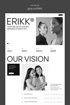 the website design for erikk is shown in black and white, with an image of two women hugging each other