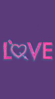 the word love written in pink and purple with a heart on it's side