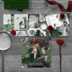 a collage of green and red items on a wooden table with a magnifying glass