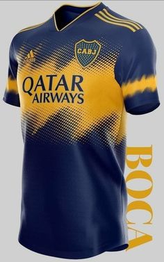 an image of a soccer jersey with the word qatar airways on it and yellow lettering
