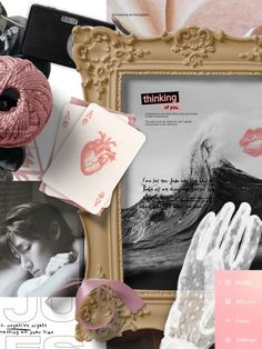 a collage of pink and white items including a frame, yarn, crochet, gloves, and photos