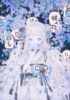 an anime character with white hair and blue flowers on her head is surrounded by numbers