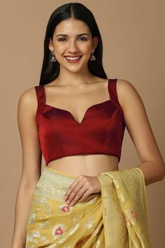 Shop Red Brocade Elbow Length Padded Blouse at best offer at our Blouse Store - Karmaplace Sleeveless Blouse Designs, Blouse Fabric, Fancy Blouse Designs, Silk, Sleeveless Blouse, Fancy Blouses, Red Silk
