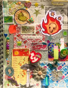 a scrapbook with various stickers and papers on it, including an image of a fire hydrant