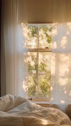 an unmade bed with white sheets and pillows in front of a window that has the sun shining through it