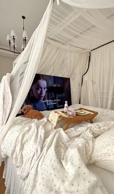 a bed with a white canopy over it and a teddy bear on the end table