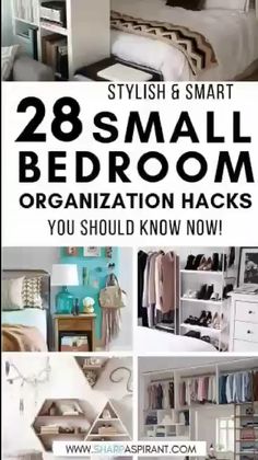 an advertisement for a small bedroom organization hacks