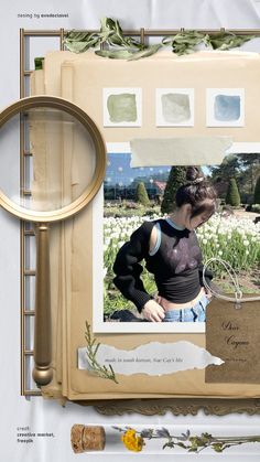 a collage of photos with a magnifying glass in front of it and an image of a woman