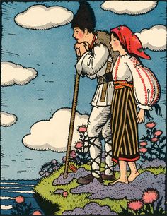 an illustration of two people standing next to each other on a hill with flowers and clouds in the background