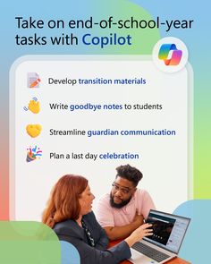 Take on end-of-school-year tasks with Copilot
Develop transition materials
Write goodbye notes to students
Streamline guardian communication
Plan a last day celebration Middle School Teachers, Teacher Hacks, Parent Teacher Conferences, Teacher Conferences, Guidance Counselors, Feedback For Students, End Of School, Parent Communication, School Year