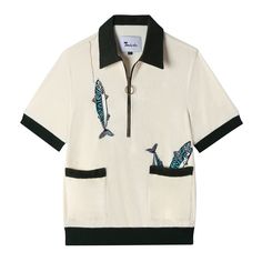 Front view of our Angler Cabana Shirt in cream with forest green on the collar, pockets, and bottom waistband, embroidered with a fish and a hook on the top left and two fish coming out of the bottom right pocket as well as featuring an antique brass half zip Polo, Vintage, Terry, Kleding, Cabana, Giyim, Terry Cloth, Apparel, Kaos