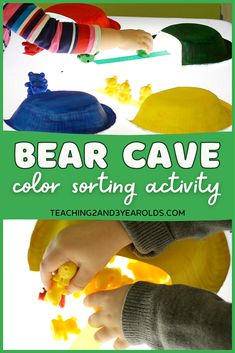the bear cave color sorting activity for toddlers to learn colors and shapes with their hands