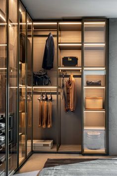 a walk in closet with glass doors and shelves filled with clothes, bags and shoes