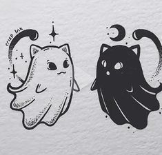 two black and white drawings of cats with stars on their heads, one has a cat's head in the shape of a ghost