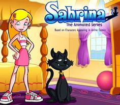 a cartoon girl standing next to a black cat