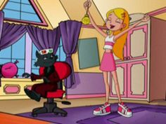 a cartoon girl in a pink dress is standing next to a black cat on a red chair