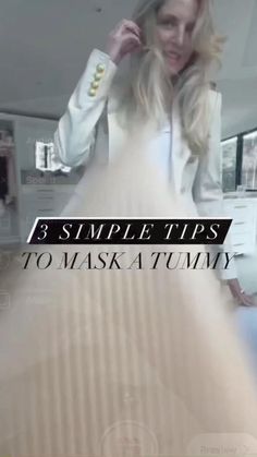 a woman standing in front of a bed wearing a white shirt and blue pants with the words 3 simple tips to make a tummy