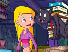 a cartoon girl standing next to a cat in a room with books on the shelves