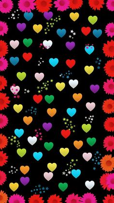 colorful hearts and flowers on black background