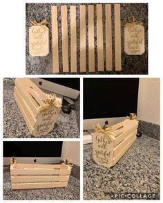 four different pictures of wooden crates with tags attached to them and some ribbons tied around the handles