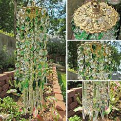 several pictures of an outdoor chandelier made out of glass
