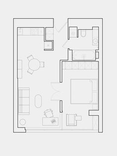 a drawing of a floor plan for a bedroom and living room with furniture in it