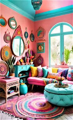 a living room filled with lots of colorful furniture and mirrors on the wall above it
