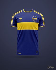 a blue and yellow soccer jersey on a dark background