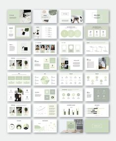 a large collection of green and white presentation templates