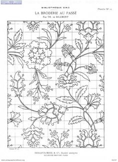 the pattern for an embroidered wall hanging with flowers and leaves on it, in black and white