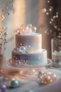 a three tiered wedding cake with pearls on it