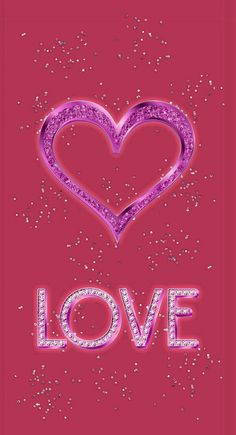 the word love is written in pink and purple glitters on a red background with a heart