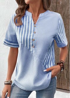 Color:Light Blue;Size:S;Size:M;Size:L;Size:XL;Size:XXL;Package Contents:1 X Blouse;Occasion:Other;Style:Casual; Tops, Shirts, Casual, Striped Shorts, Short Sleeve Blouse, Shirt Blouses, Trendy Tops For Women, Patchwork Top, Trendy Tops