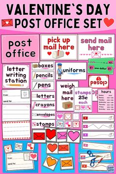 valentine's day post office set with pink background and lots of different writing materials