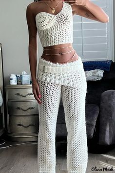 OliviaMark - Elegante Hollowed Out Backless One Shoulder Ärmellos Zweiteilige Freizeitkleidung Pants Patterns, Mode Adidas, Chic Tank Tops, Mode Hippie, Crochet Clothing And Accessories, Crochet Fashion Patterns, Top And Pants Set, Stylish Pants, Looks Street Style