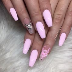 Pink + Flowers + Bling Long Coffin Nails #nail #nailart Glitter, Instagram, Nail Shop, Luxury Nails