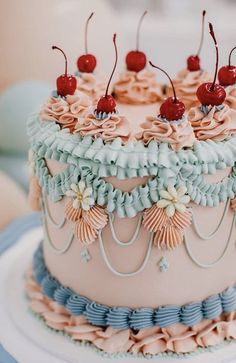 a decorated cake with cherries on top