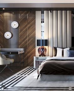 a modern bedroom with black and white decor