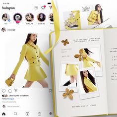 an open book with pictures of women in yellow outfits