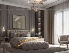 a bedroom with a large bed and chandelier