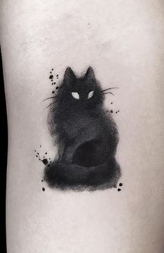 a black cat tattoo on the right side of the stomach, with an ink blotch effect