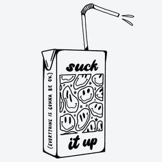 a black and white drawing of a juice box with a straw sticking out of it