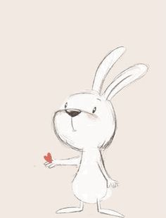a drawing of a rabbit holding a red flower in its hand and looking up at the sky
