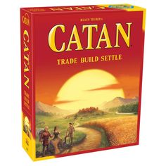 the catan board game is shown in front of a box and an empty card